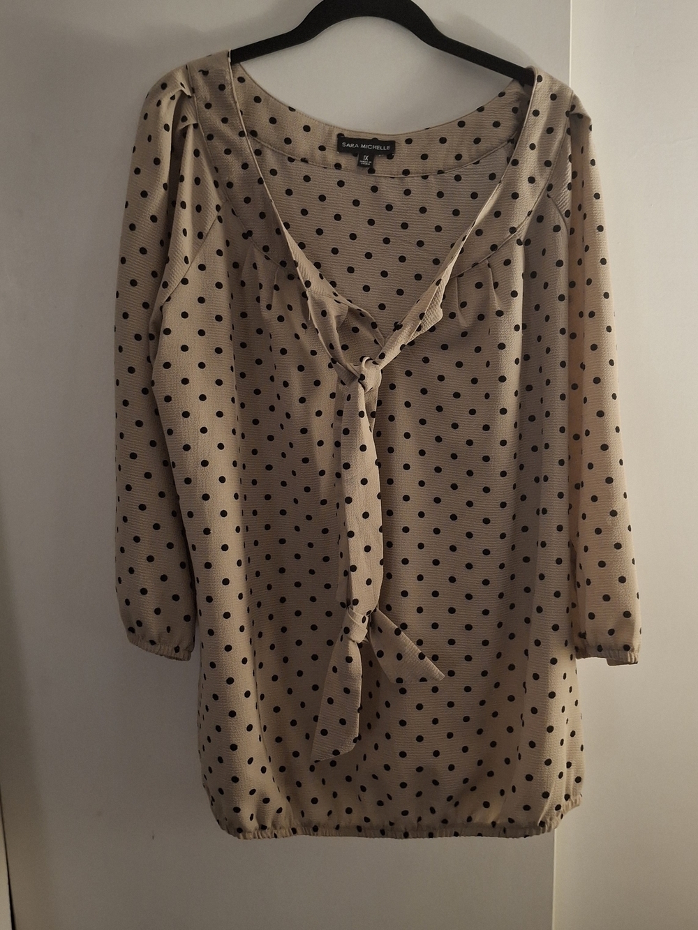 Sara Michelle Women's Beige Polka Dot Tie-Neck Blouse